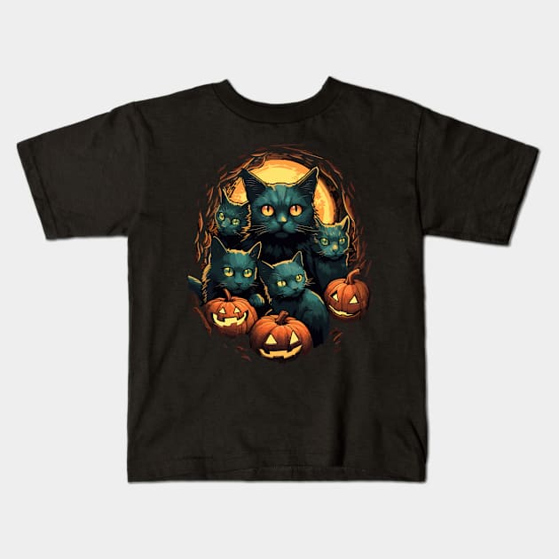 Halloween Scary Black Cats Cute Pumpkin Kids T-Shirt by Ramadangonim